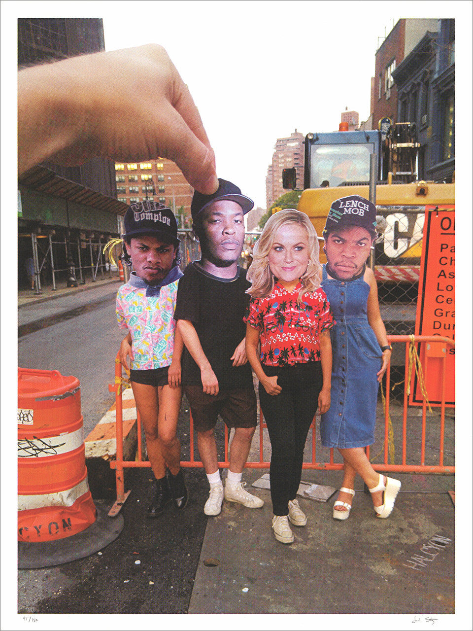 Full-color photo screenprint of four people on a city street posing with oversized celebrity head cutouts held on wire