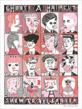 Red, pink and black screenprint of a lettered grid of 16 odd haircut portraits titled "Choose A Haircut"