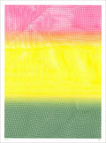 Screenprint of crumpled screen mesh printed as a gradient from pink to yellow to green