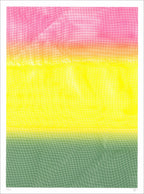 Screenprint of crumpled screen mesh printed as a gradient from pink to yellow to green