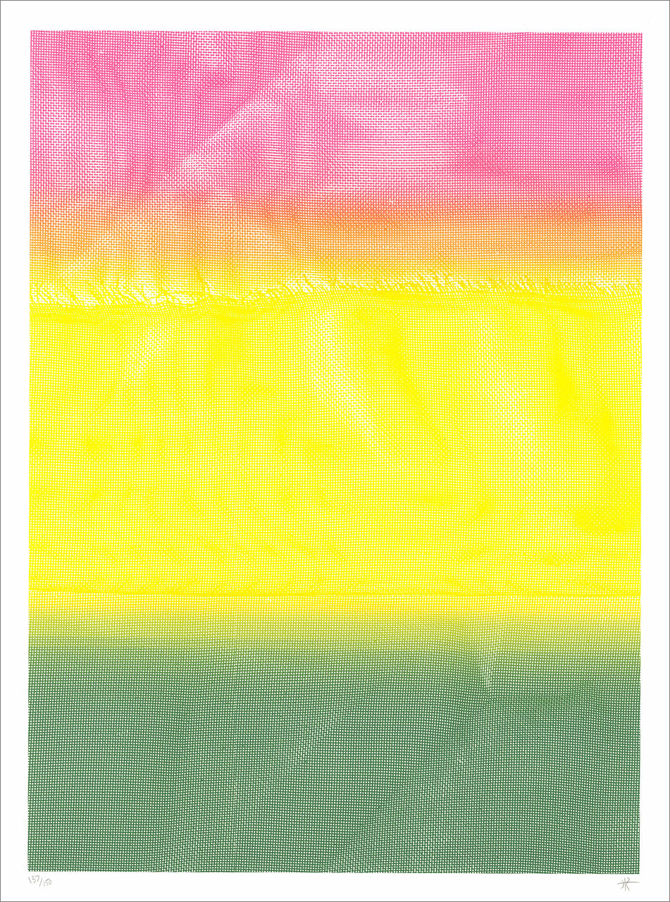 Screenprint of crumpled screen mesh printed as a gradient from pink to yellow to green