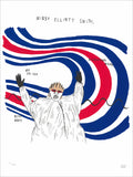 Navy, red and black screenprint of a figure in a puffy white suit before sweeping navy and red stripes, titled in handwriting