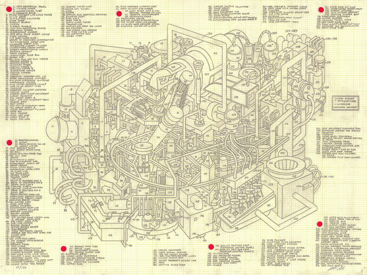 Horizontal cream grid-paper screenprint of an intricate schematic machine drawing with numbered labels and red dots