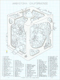 Pale blue grid-paper screenprint of a schematic machine drawing labeled Ambystoma Californiense with a numbered parts list