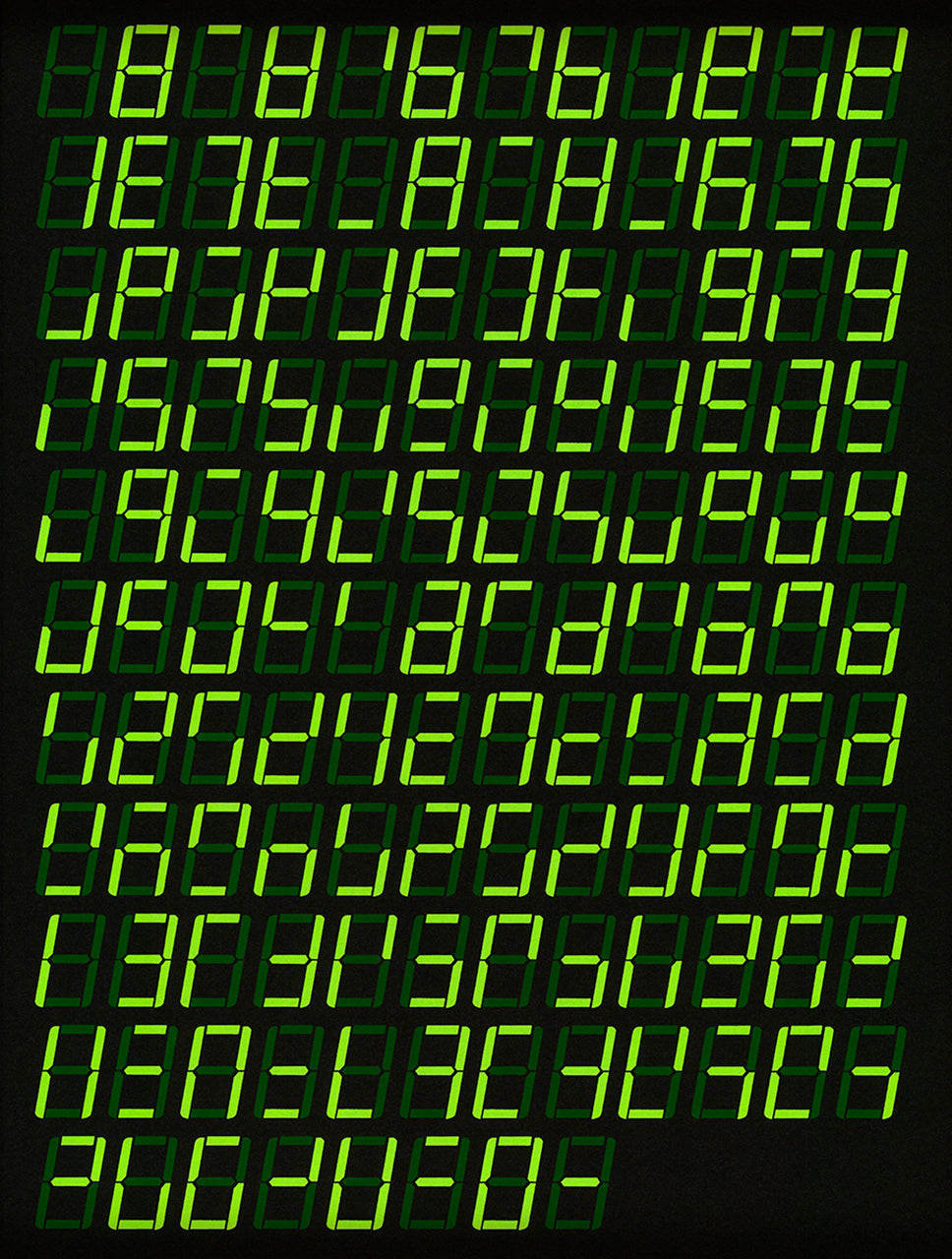 Screenprint of rows of lime green seven-segment display glyphs on black