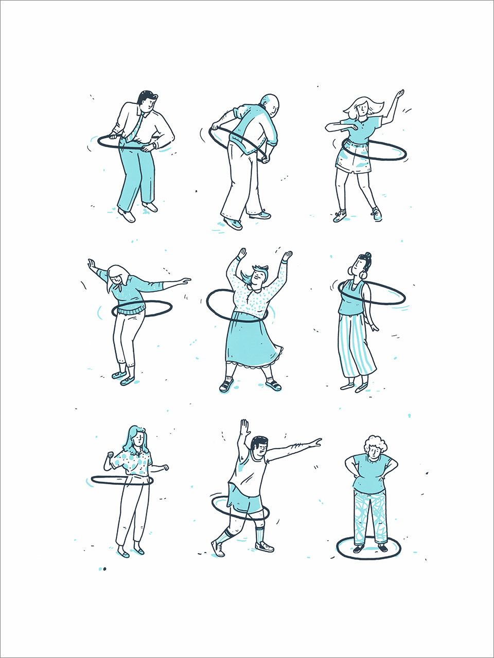 Cyan and black screenprint of nine people of different ages spinning hula hoops, arranged in a grid on white