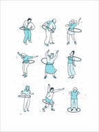 Cyan and black screenprint of nine people of different ages spinning hula hoops, arranged in a grid on white