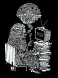White on black screenprint of a hairy, many-eyed creature smoking beside a TV reading "Game Over" and a stack of books