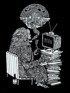 White on black screenprint of a hairy, many-eyed creature smoking beside a TV reading "Game Over" and a stack of books