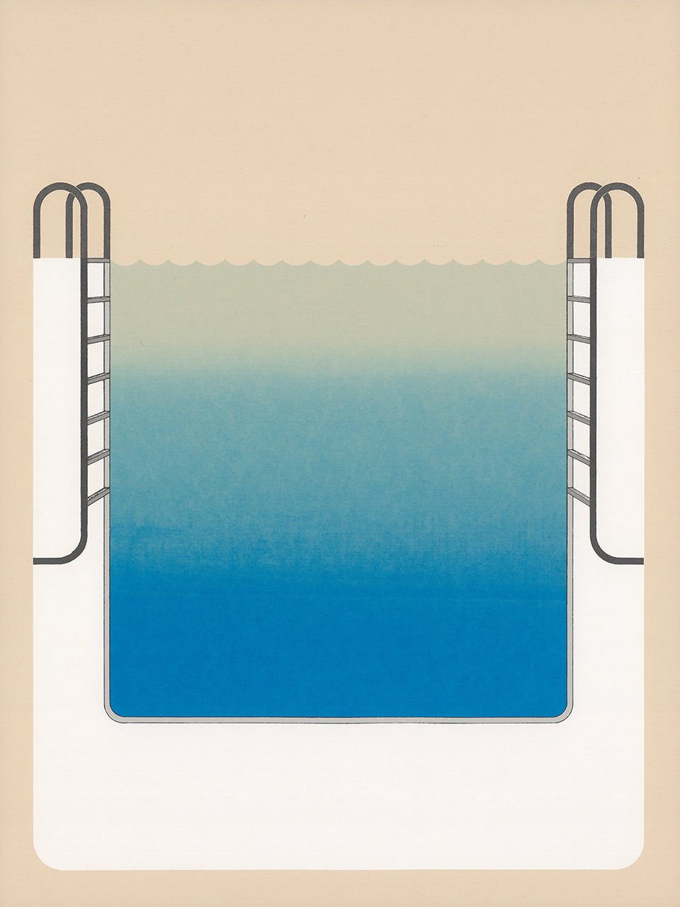 Screenprint of a cross-section of a square pool with ladders, water fading pale green to deep blue, on a tan ground