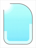 Screenprint of an aerial view of a rounded backyard pool in pale aqua with a gray outline and white steps, on white