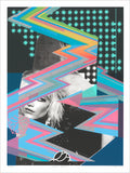 Collage-style screenprint of a black and white photo of a blond woman under cyan, pink and gray zigzags and stars