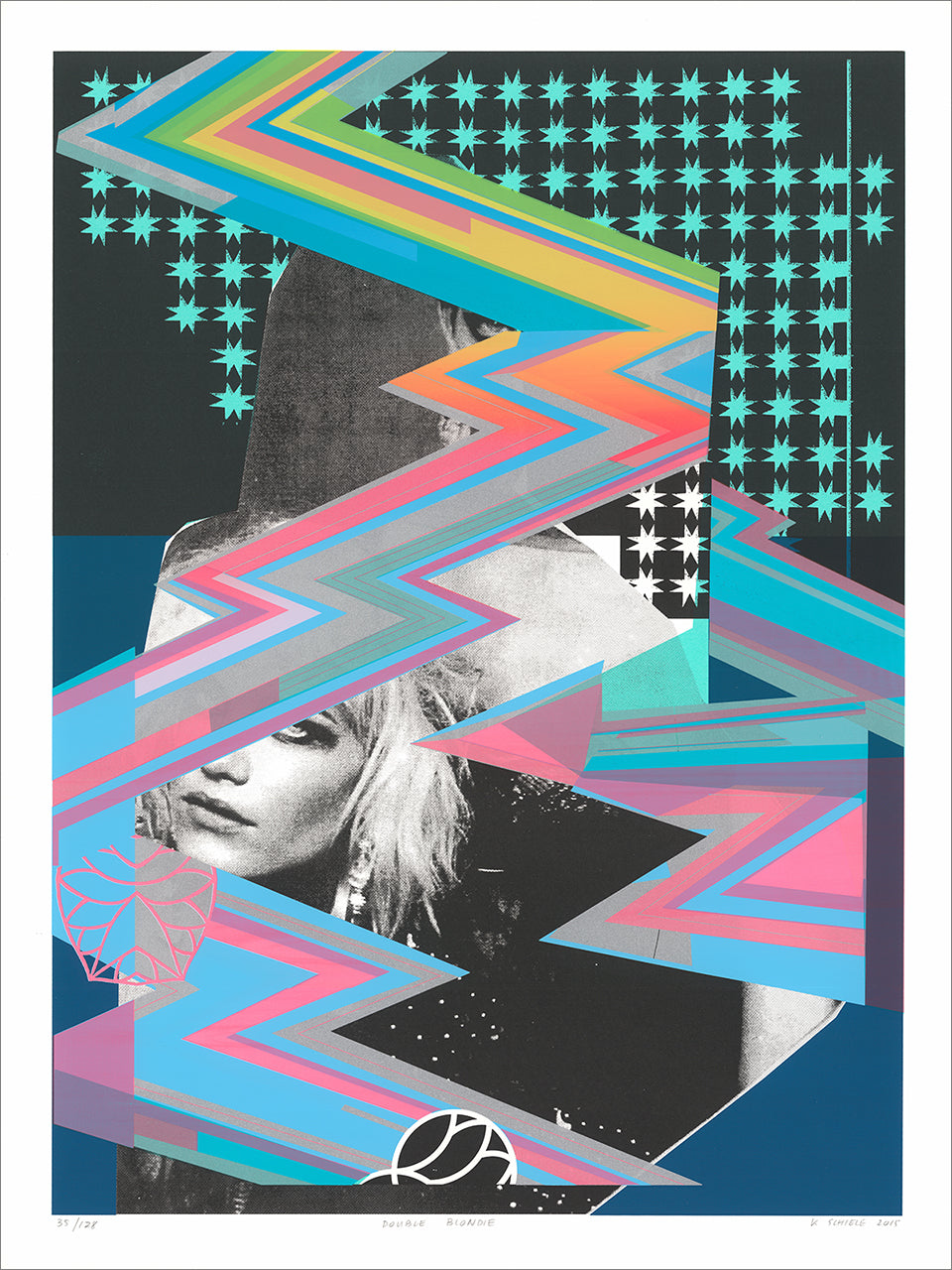 Collage-style screenprint of a black and white photo of a blond woman under cyan, pink and gray zigzags and stars