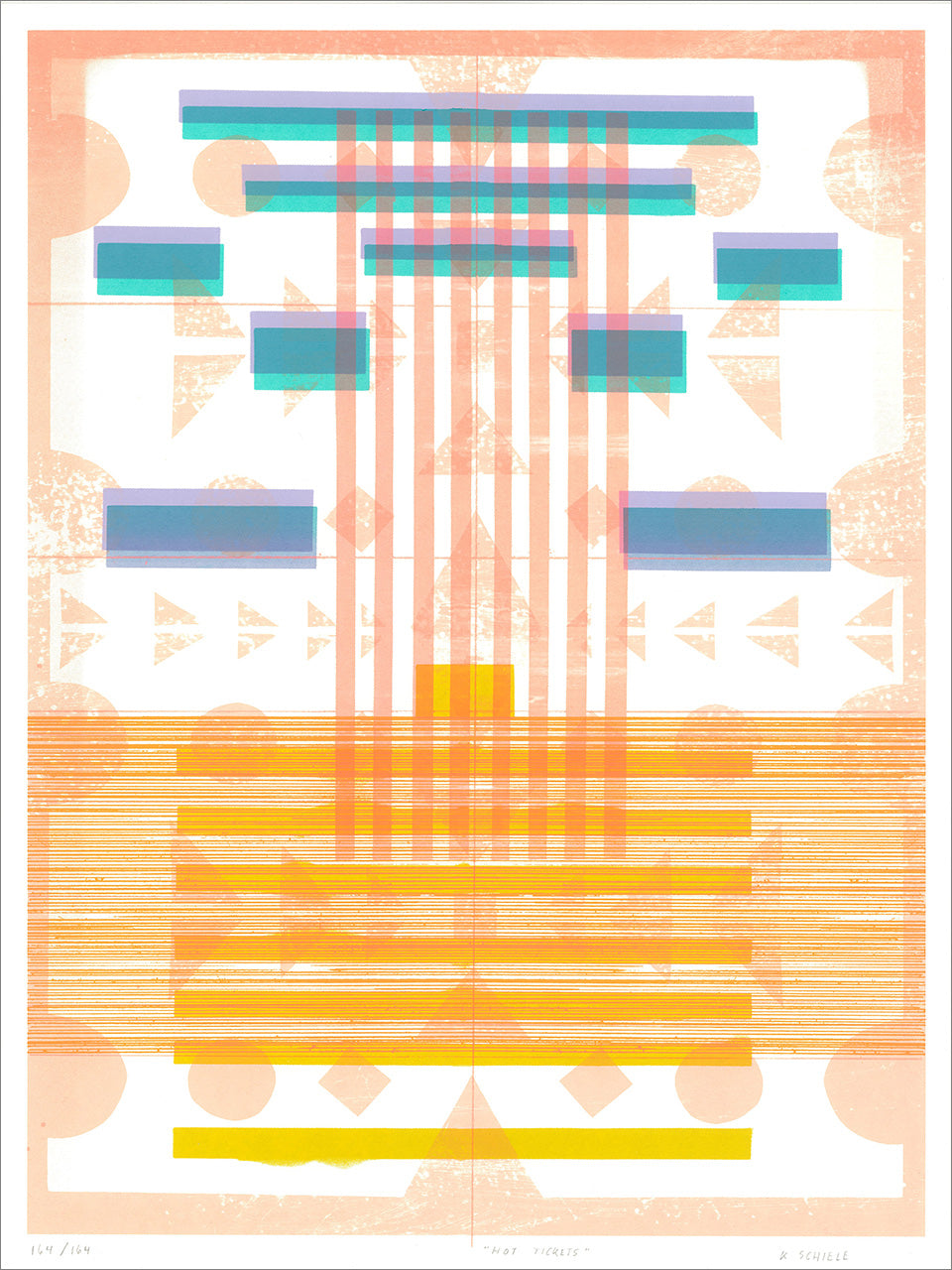 Screenprint of a symmetrical arrangement of stripes, bars and triangles in peach, orange, yellow, teal and violet