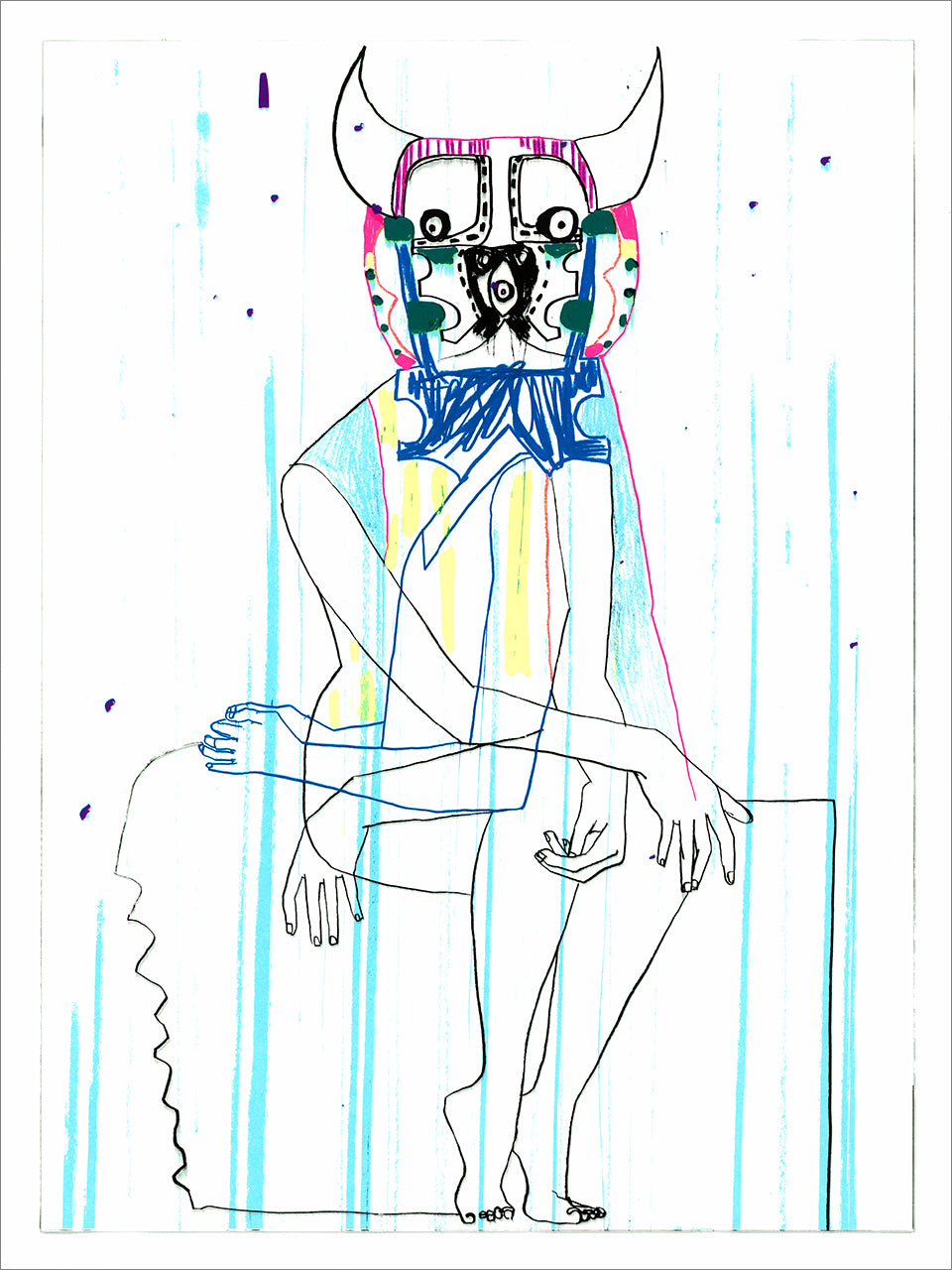 Line screenprint of a seated figure wearing a horned patterned mask in blue, pink and green over pale cyan drips on white