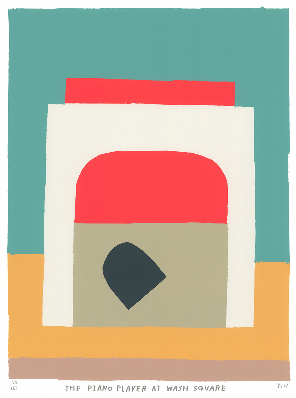Screenprint of a flat abstract arch with red, cream and olive blocks and a dark blob on teal and orange bands
