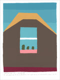 Screenprint of a window with three small cacti on a pink sill, set in a brown wall with a mustard roofline and blue sky