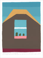 Screenprint of a window with three small cacti on a pink sill, set in a brown wall with a mustard roofline and blue sky