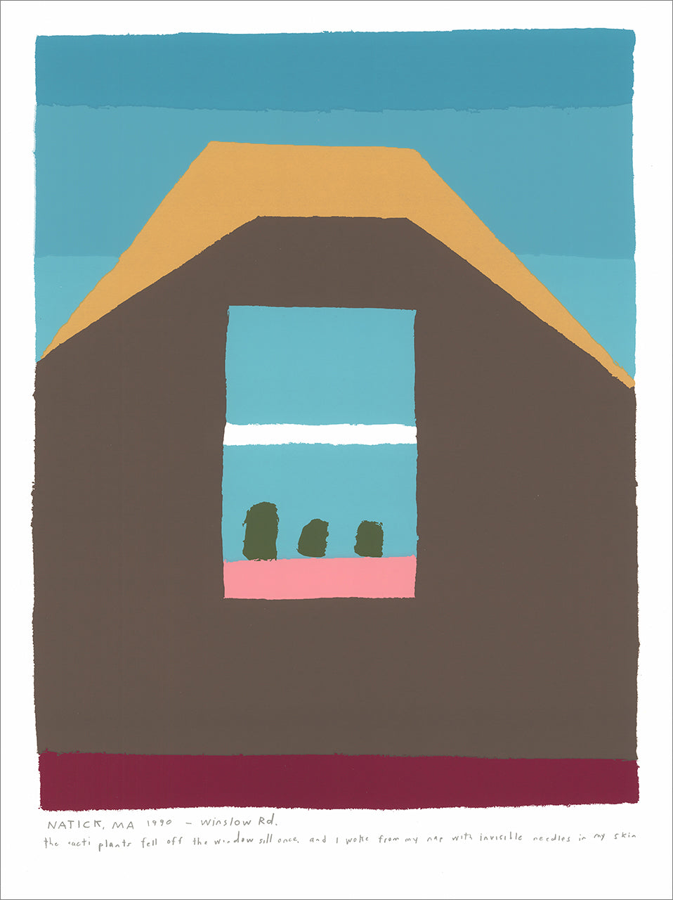 Screenprint of a window with three small cacti on a pink sill, set in a brown wall with a mustard roofline and blue sky