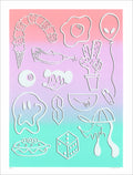 Screenprint of white outlined doodles, an ice cream cone, egg, cactus, dice and a balloon, on a pink-violet-mint gradient