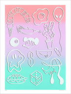 Screenprint of white outlined doodles, an ice cream cone, egg, cactus, dice and a balloon, on a pink-violet-mint gradient