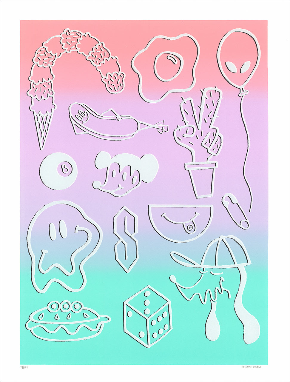 Screenprint of white outlined doodles, an ice cream cone, egg, cactus, dice and a balloon, on a pink-violet-mint gradient