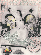 Black, gray and pink screenprint of a reclining nude woman on a couch with leopards, a checkered floor and a fruit bowl