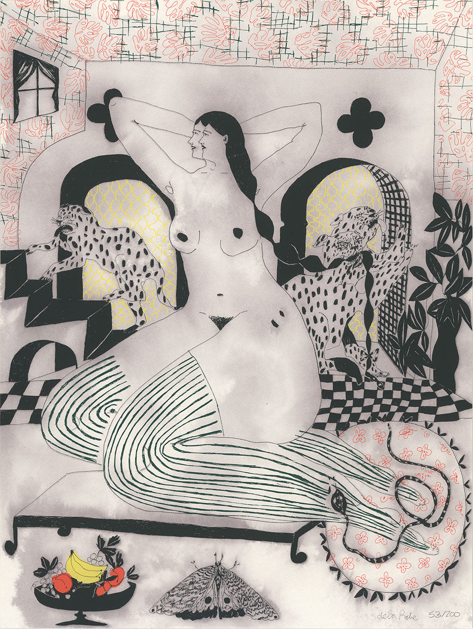 Black, gray and pink screenprint of a reclining nude woman on a couch with leopards, a checkered floor and a fruit bowl