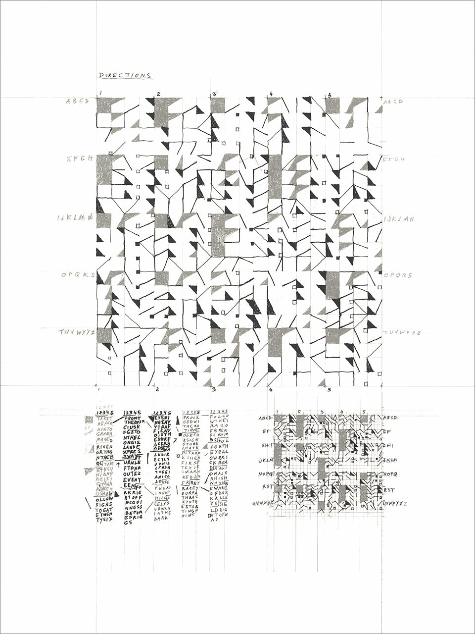 Gray graphite-toned screenprint of handwritten letters built into a geometric grid of angular arrow-like shapes