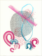 Screenprint of layered netting, a black mesh circle, a pink bar and pink and blue arc shapes on a cream dotted ground