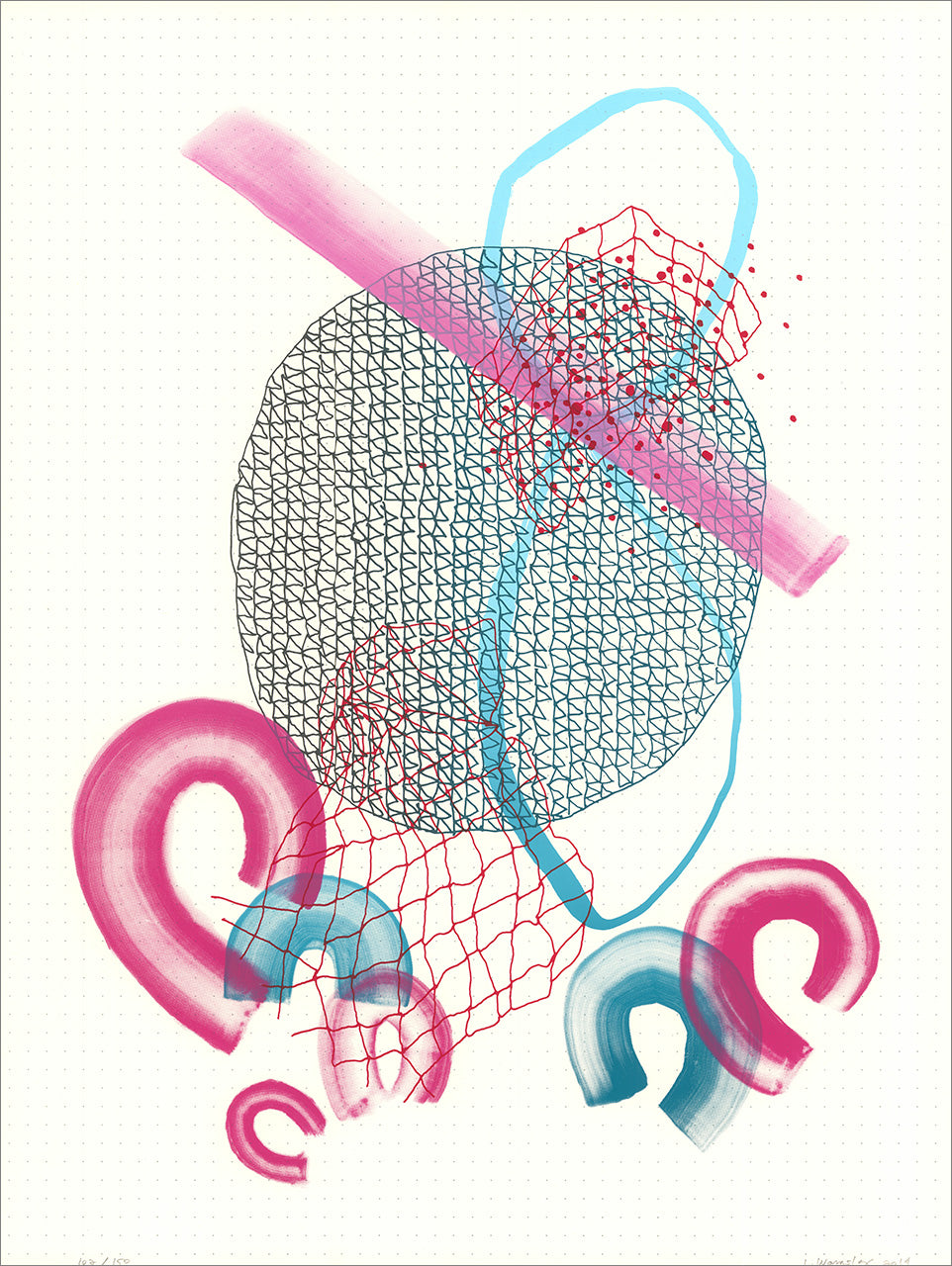 Screenprint of layered netting, a black mesh circle, a pink bar and pink and blue arc shapes on a cream dotted ground