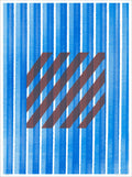 Blue screenprint of vertical stripes overlaid by a square of brown diagonal stripes, creating a moiré effect