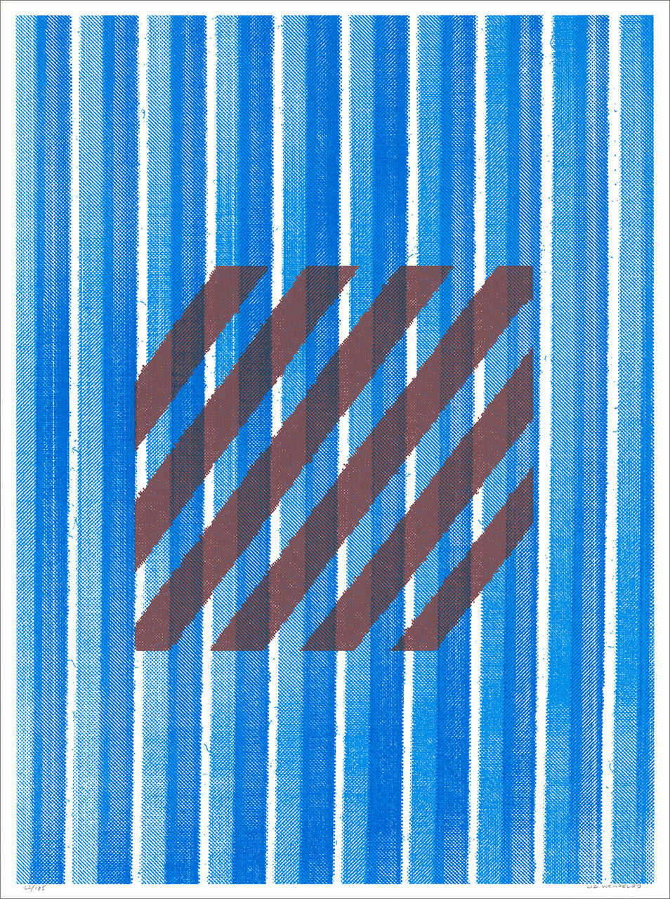 Blue screenprint of vertical stripes overlaid by a square of brown diagonal stripes, creating a moiré effect