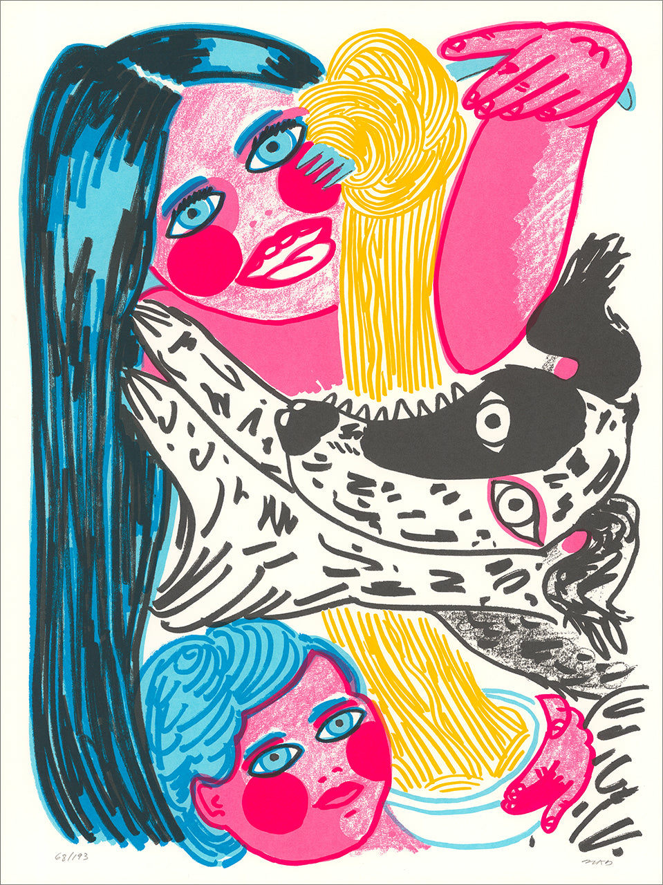 Hot pink, yellow, cyan and black screenprint of a mother and child tangled with spaghetti noodles and a spotted dog