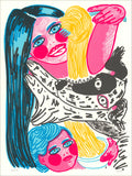 Hot pink, yellow, cyan and black screenprint of a mother and child tangled with spaghetti noodles and a spotted dog