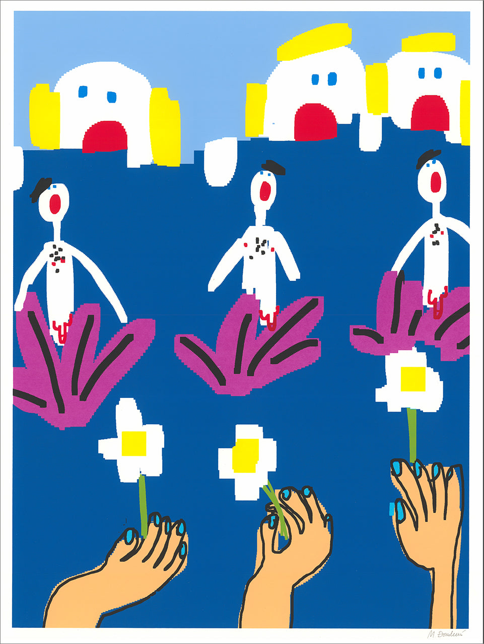 Pixel-style screenprint on deep blue: three small white figures in purple plants, hands holding white daisies, faces above