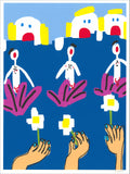 Pixel-style screenprint on deep blue: three small white figures in purple plants, hands holding white daisies, faces above