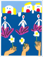 Pixel-style screenprint on deep blue: three small white figures in purple plants, hands holding white daisies, faces above