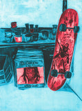 Cyan, red and black screenprint of an artist's studio corner with a red skateboard, paint cups on a shelf and a record crate