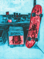 Cyan, red and black screenprint of an artist's studio corner with a red skateboard, paint cups on a shelf and a record crate