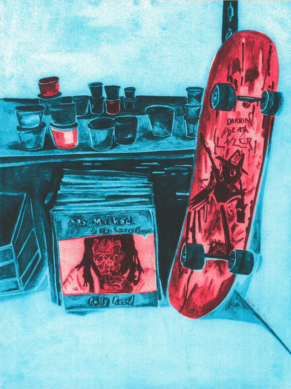 Cyan, red and black screenprint of an artist's studio corner with a red skateboard, paint cups on a shelf and a record crate