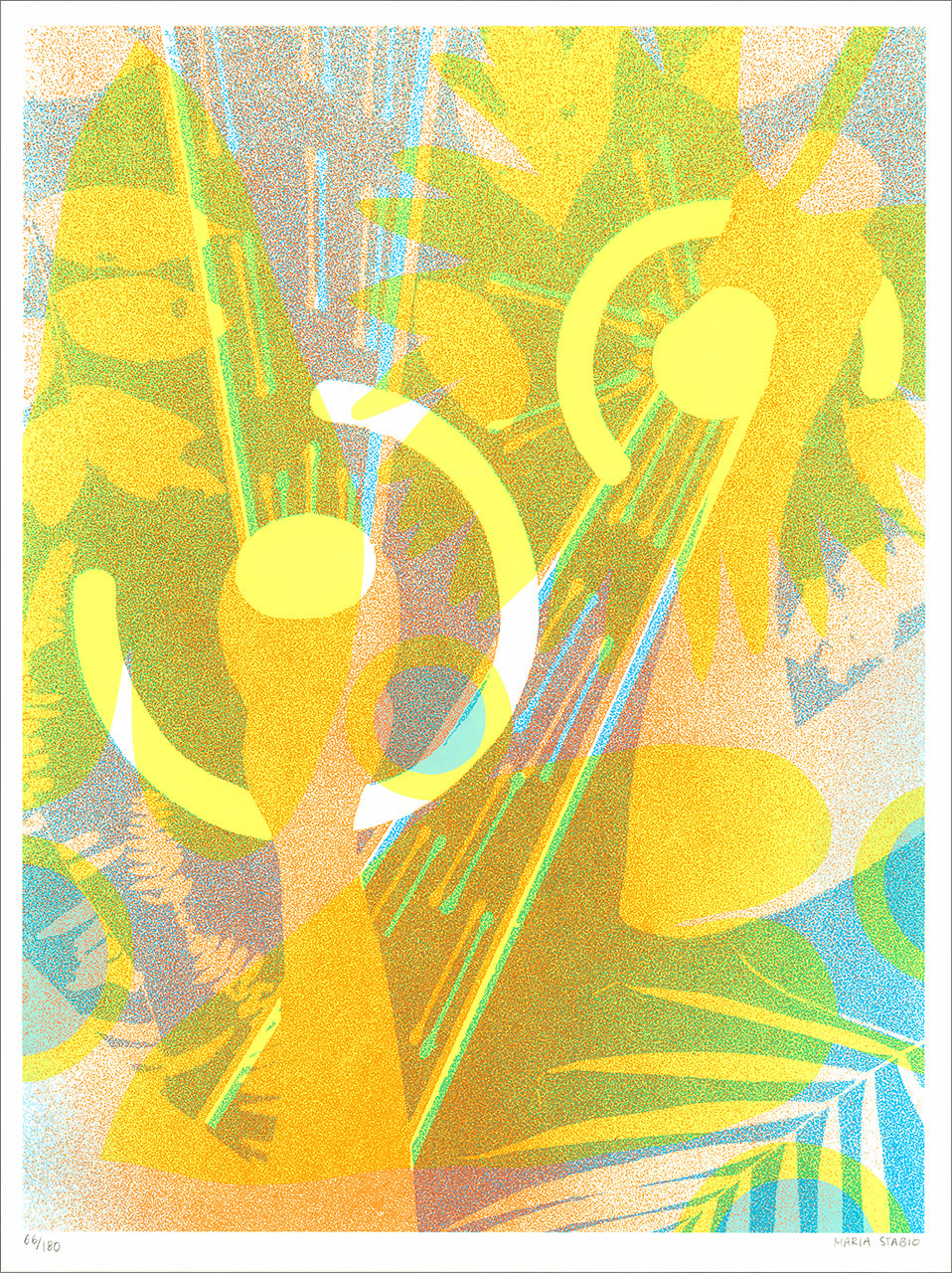 Hazy screenprint of two figures with flashlights among yellow, orange, green and blue palm leaves and light beams