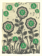 Screenprint of a collage of cut dollar bill pieces forming flowers and leaves in black, cream and green
