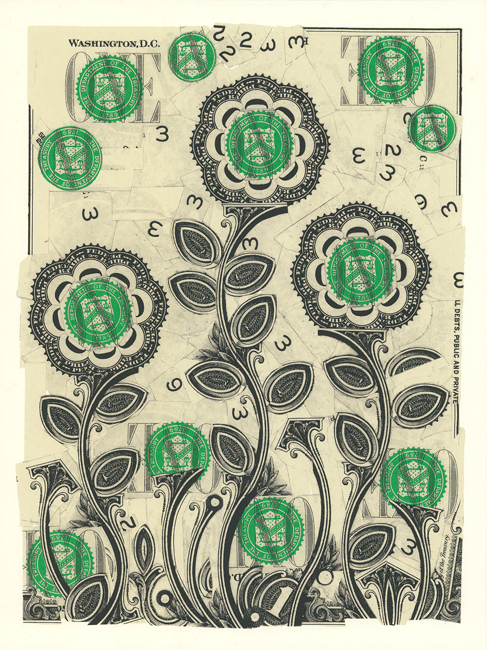 Screenprint of a collage of cut dollar bill pieces forming flowers and leaves in black, cream and green
