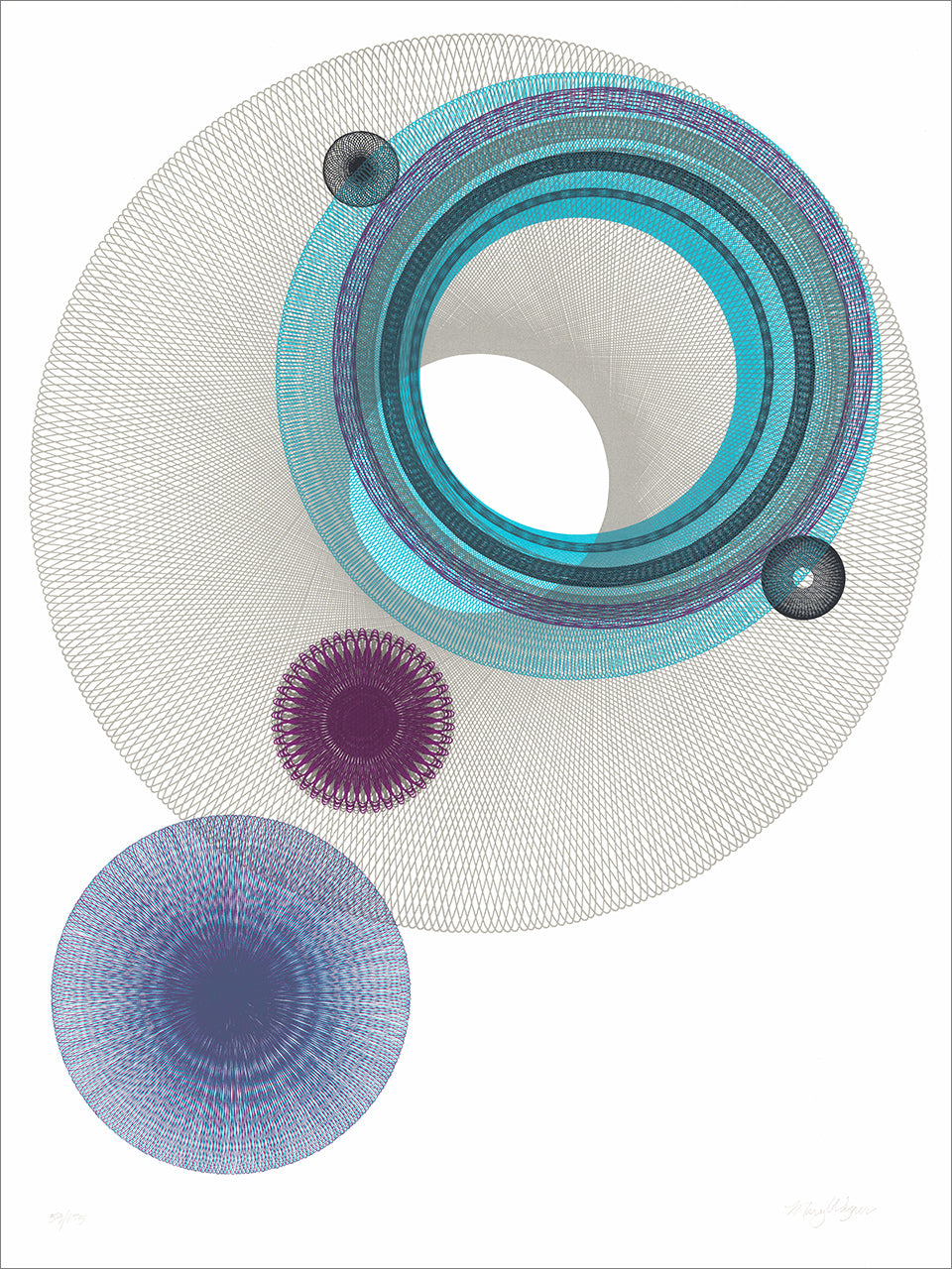 Screenprint of intricate spirograph-like line circles in gray, teal, purple and navy on white