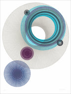 Screenprint of intricate spirograph-like line circles in gray, teal, purple and navy on white