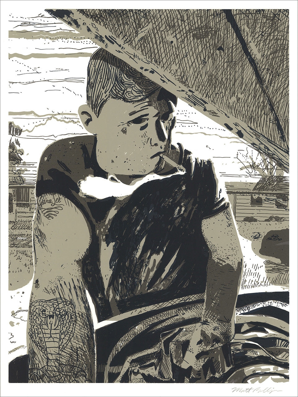 Black, gray and taupe screenprint of a man with a cigarette and tattoos leaning under a car hood