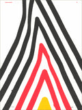 Screenprint of nested inverted-V stripes forming a mountain, in black, then red, with a small yellow peak, on white