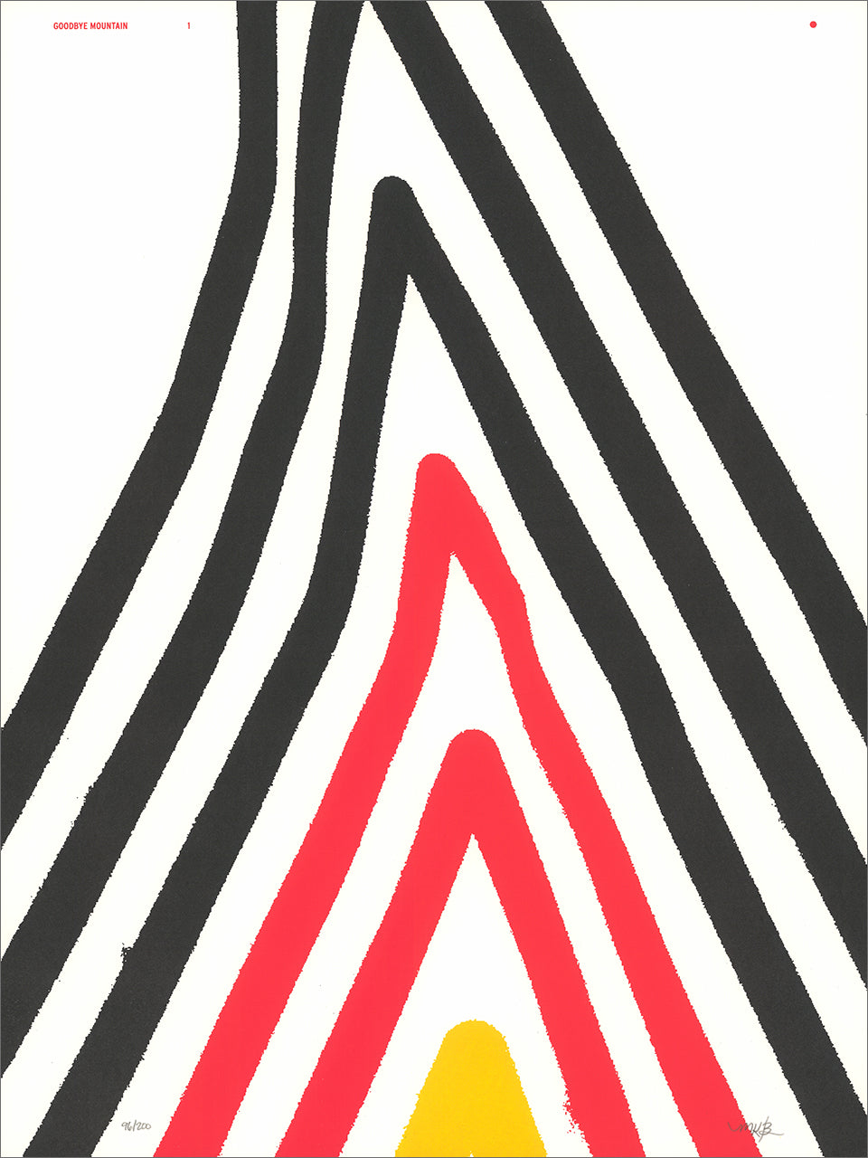Screenprint of nested inverted-V stripes forming a mountain, in black, then red, with a small yellow peak, on white