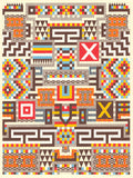 Screenprint of a dense totem-like grid of geometric motifs in brown, orange, yellow, red and light blue on cream